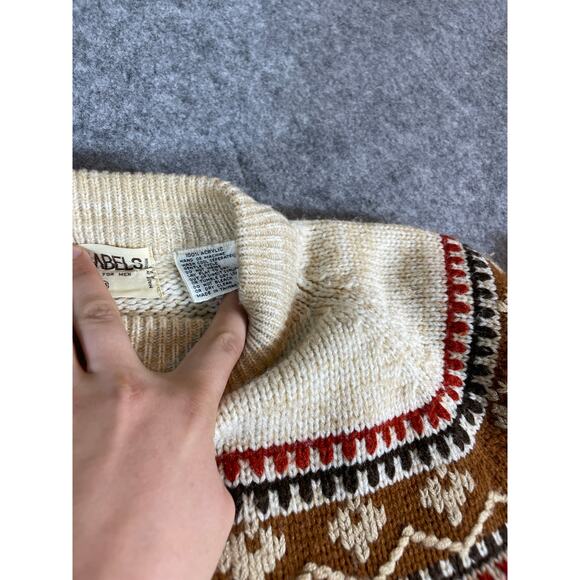 VTG Gimbels Geometric Fair Isle Pullover Sweater Mens Medium Beige Cable Knit - Picture 6 of 8